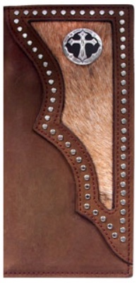 3D Belt Company W943 Brown Wallet with Fancy Corner Overlay with Hair on Calf Inlay Trim and Cross Concho